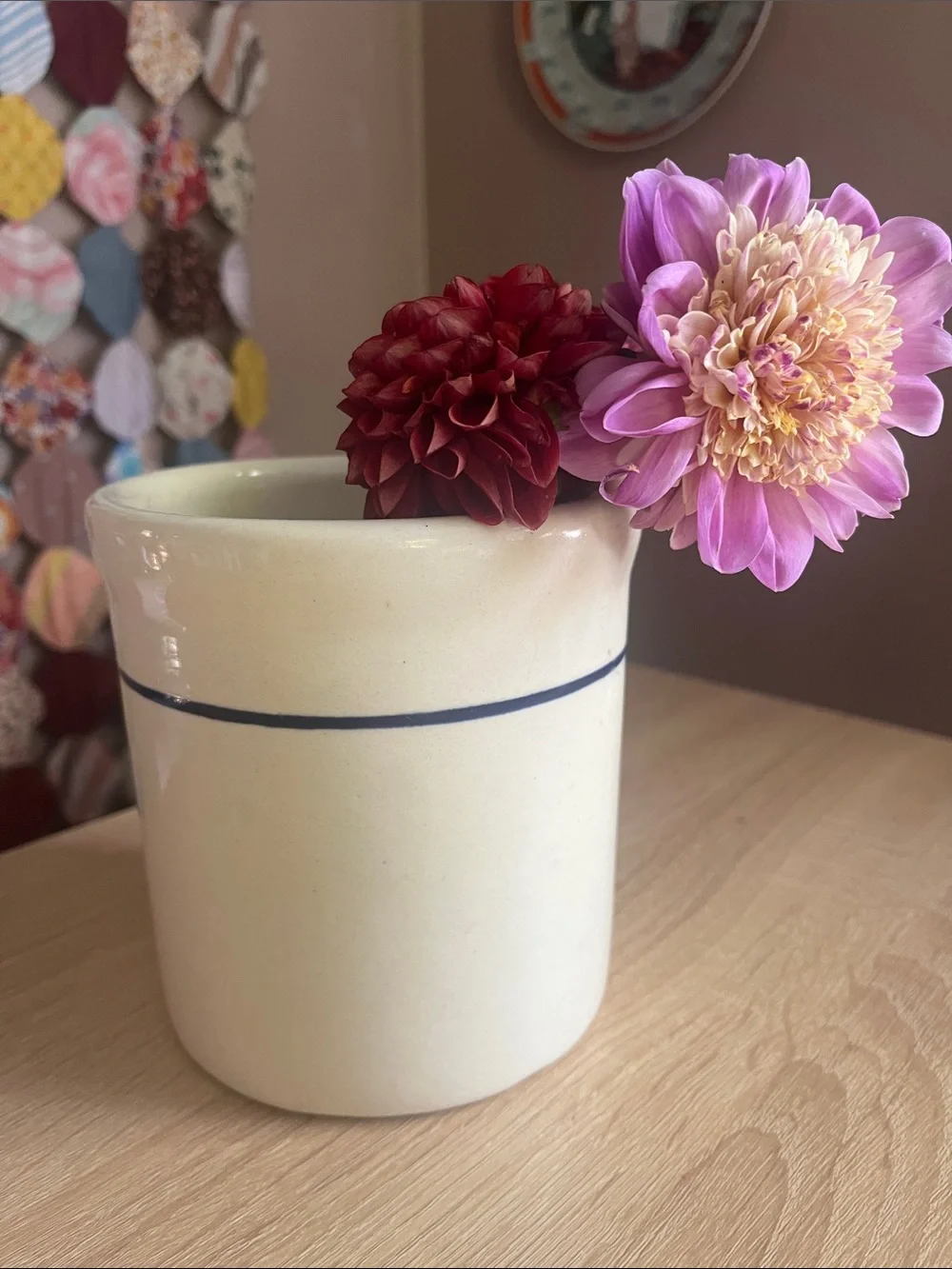 Stoneware Utensil Crock - Cream with Blue Band